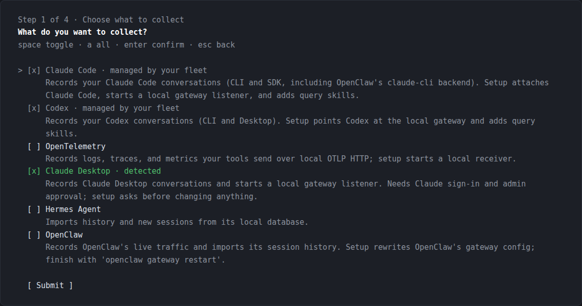 The 'what do you want to collect' checklist, with team-managed tools locked on as set by your team and a detected tool pre-checked.
